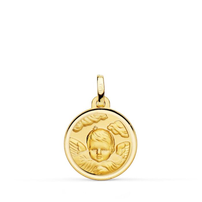 Medalla Ángel en la Nube de Oro Amarillo 18K con Bisel - 16 mm