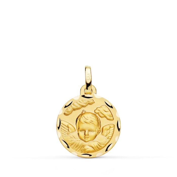 Medalla Ángel en la Nube de Oro Amarillo 18K - Acabado Tallado 16 mm
