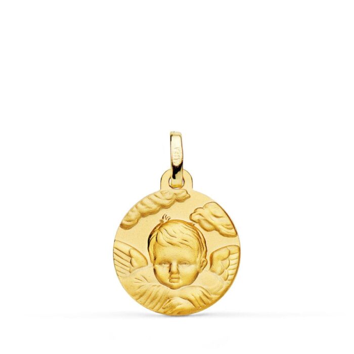 Medalla Angelito en la Nube en Oro Amarillo 18K - 16 mm Acabado Matizado