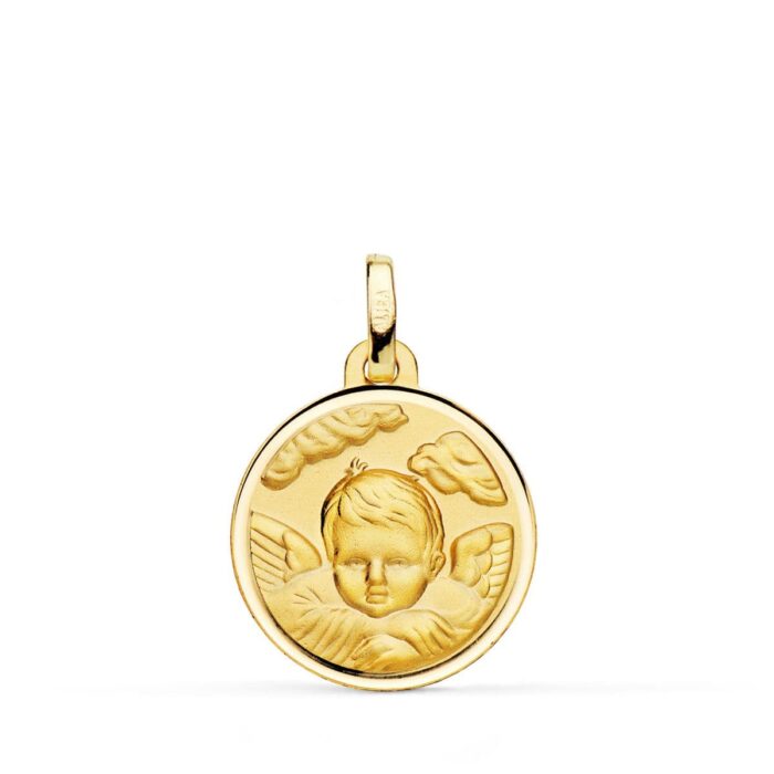 Medalla Angelito en la Nube en Oro Amarillo 18K - 18 mm con Bisel Pulido