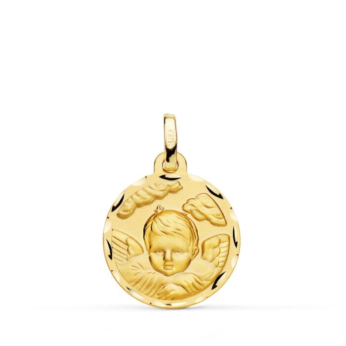 Medalla Angelito en la Nube en Oro Amarillo 18K - 18 mm con Borde Tallado