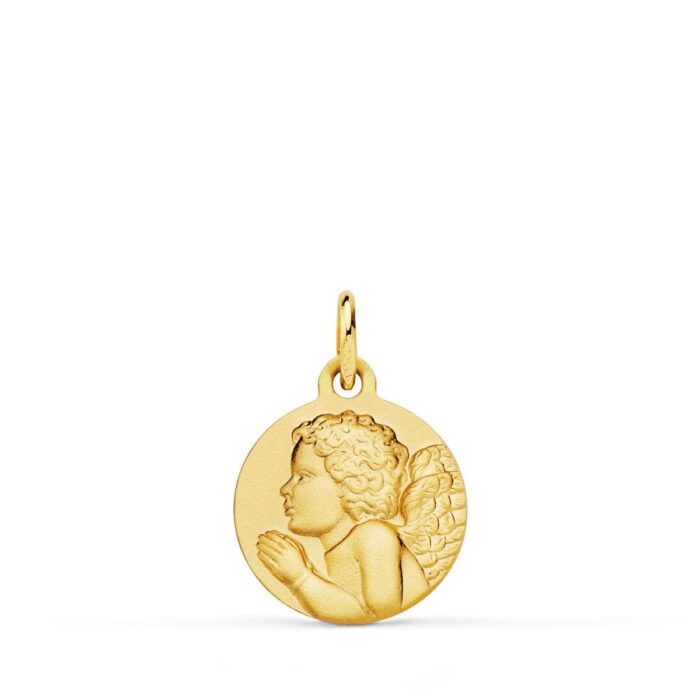 Medalla Ángel Niño Piadoso en Oro Amarillo 18K - 14 mm Acabado Matizado