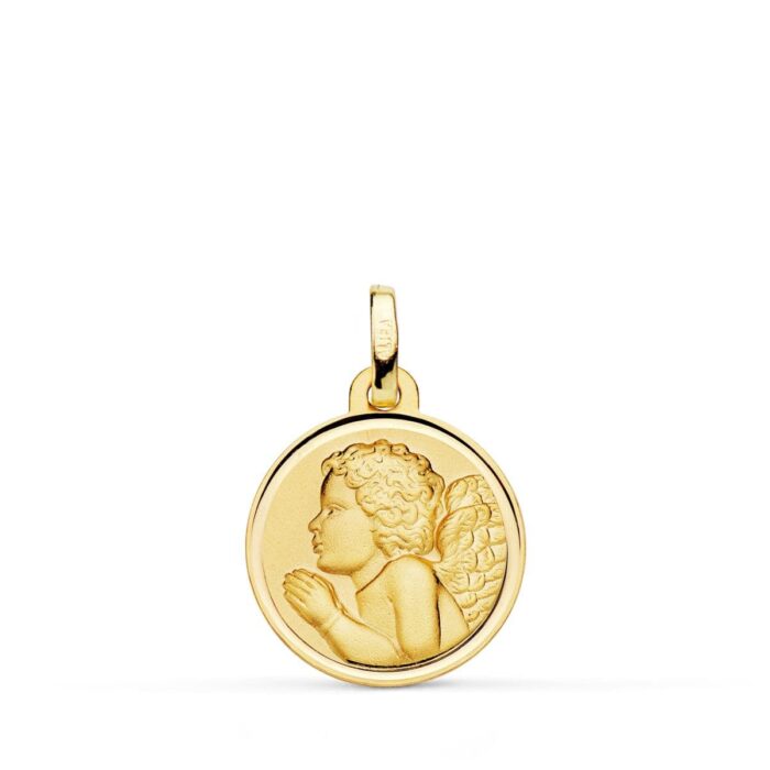Medalla Ángel Niño Piadoso en Oro Amarillo 18K - 16 mm con Bisel Pulido