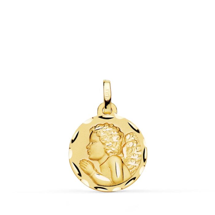 Medalla Ángel Niño Piadoso en Oro Amarillo 18K - 16 mm con Borde Tallado