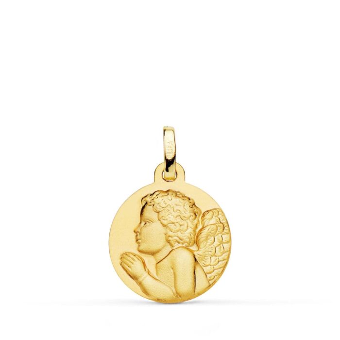Medalla Ángel Niño Piadoso en Oro Amarillo 18K - 16 mm Acabado Matizado