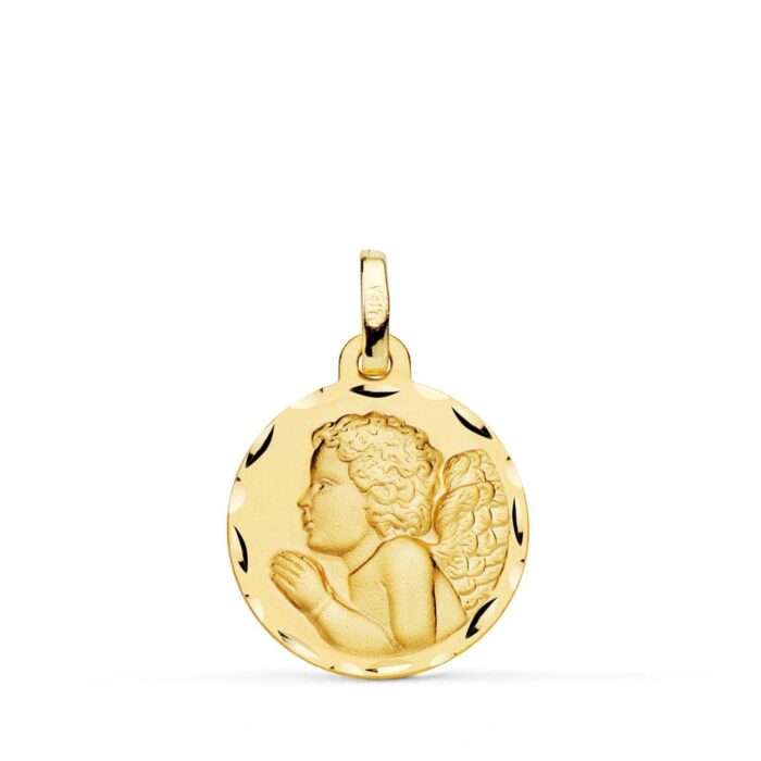 Medalla Ángel Niño Piadoso en Oro Amarillo 18K - 18 mm con Borde Tallado