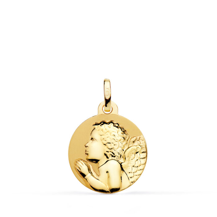 Medalla Ángel Niño Piadoso en Oro Amarillo 18K - 16 mm Acabado Brillo