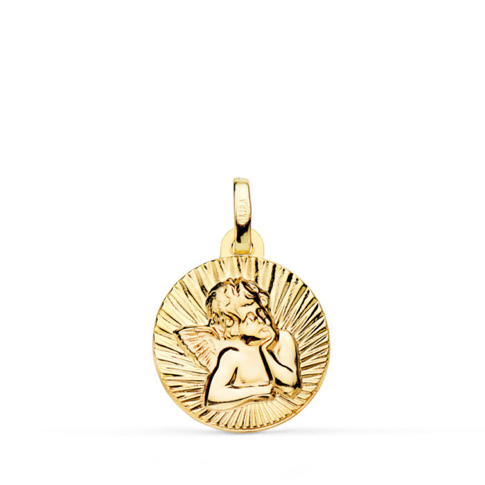 Medalla Angelito Burlón en Oro Amarillo 18K - 14 mm Fondo Estriado en Brillo