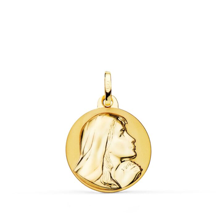 Medalla Virgen María Rezando en Oro Amarillo 18K – 18 mm (Acabado Brillo y Mate)