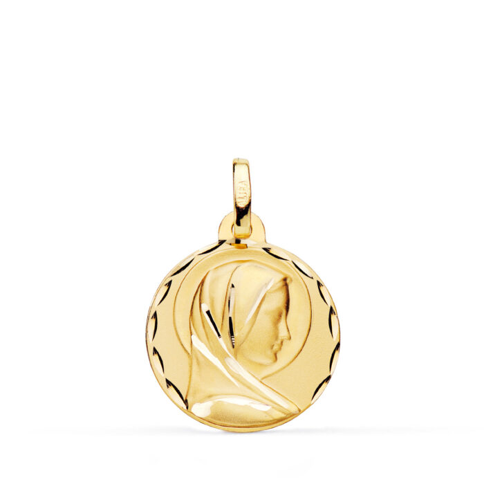 Medalla María Francesa en Oro Amarillo 18K – 18 mm con Borde Tallado y Matizado
