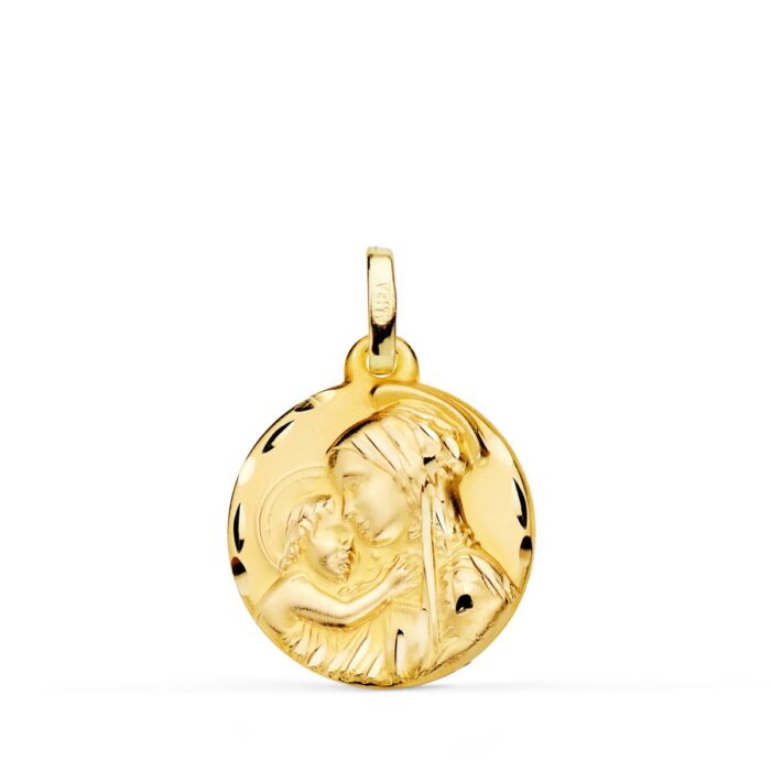 Medalla de la Madre "Divina Ternura" en Oro Amarillo 18K – 18 mm con Borde Tallado