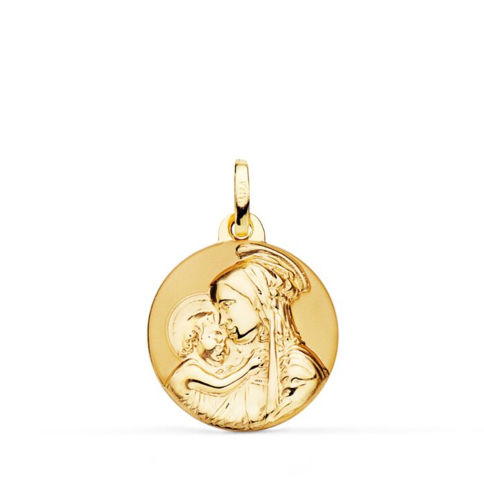 Medalla de la Madre Divina Ternura en Oro Amarillo 18K – 18 mm (Acabado Brillo y Mate)