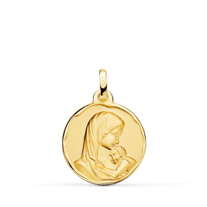 Medalla Virgen Madre Amor Maternal en Oro Amarillo 18K – 18 mm Estilo Relieve