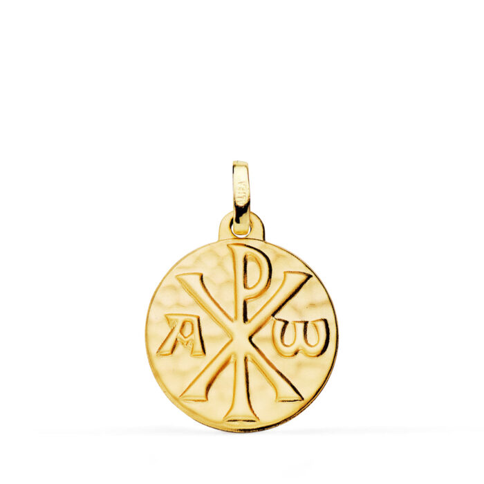 Medalla Cruz de Crismón en Oro Amarillo 18K – 18 mm con Acabado Martelé
