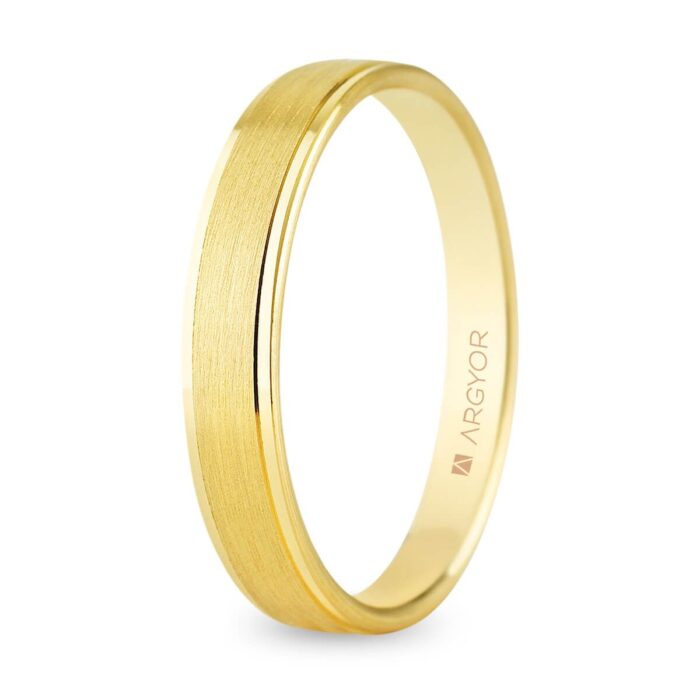 Alianza de boda plana con biseles laterales en oro amarillo de 18 quilates, 4 mm de ancho, con acabado combinado brillo y scotch e interior confort.