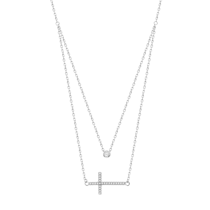 Collar Doble Lotus Silver LP3939-1/1 de Plata con Cruz Lateral y Circonita
