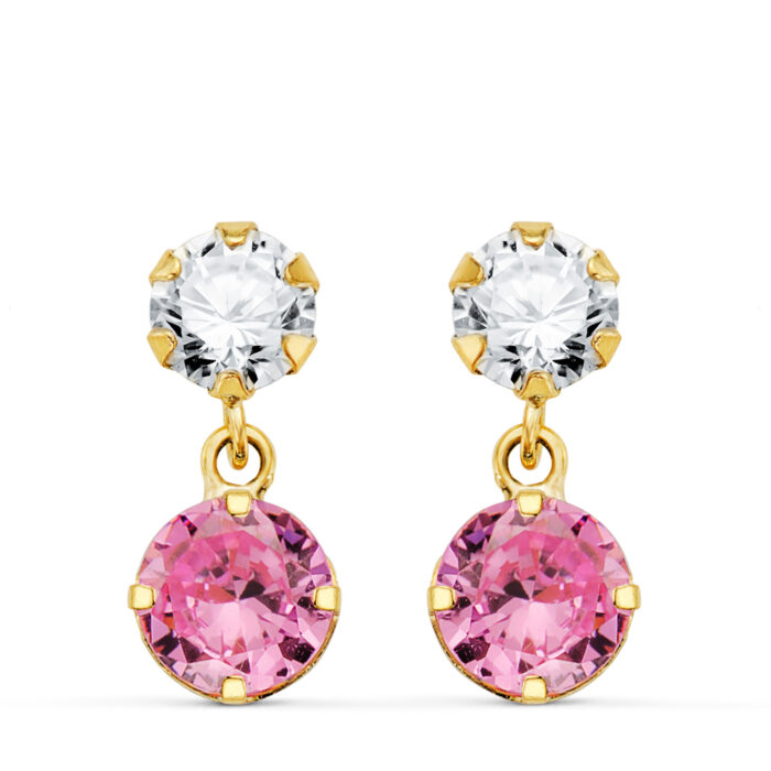18K PENDIENTES ORO AMARILLO DOS CUERPOS CON CIRCONITA Y PIEDRA ROSA REDONDA 15 X 6MM. CIERRE PRESION