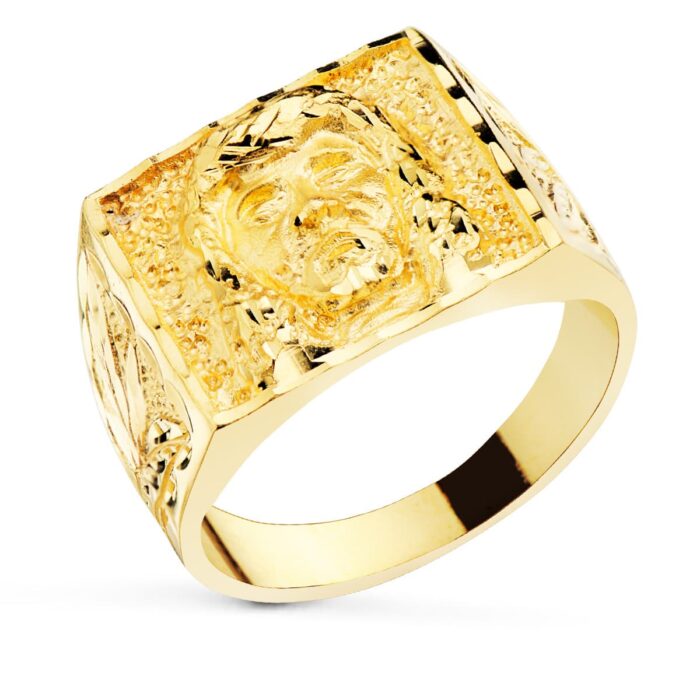 Sello de caballero macizo en oro amarillo 18K con el relieve de Camarón de la Isla y laterales tallados artesanalmente.