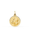 Medalla circular de oro amarillo 18K con el relieve de San Padre Pío, fondo mate suave y borde exterior tallado con brillo espejo.