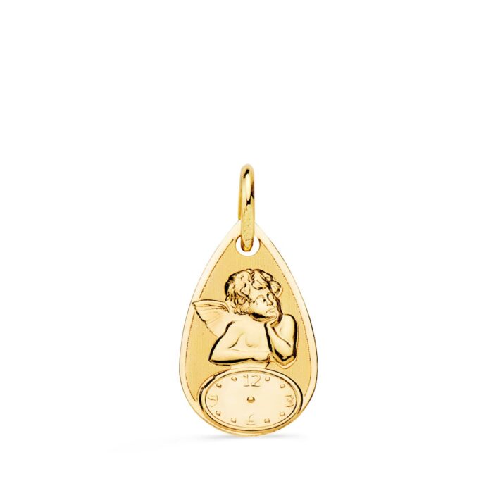 Medalla de oro amarillo 18 quilates en forma de gota con relieve de Angelito Burlón y reloj de nacimiento, acabado mate y brillo.