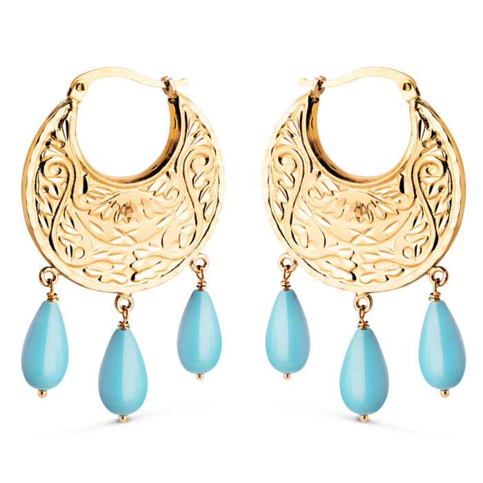 18K PENDIENTES AROS ORO AMARILLO TALLADOS PLANOS CON 3 COLGANTES DE TURQUESA. MEDIDA: 41 X 25 X 2 MM. CIERRE CLIP