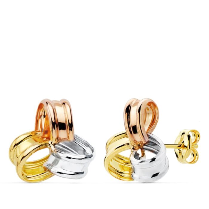 18K PENDIENTES TRICOLOR TREBOL. 13X11 MM CIERRE PRESION