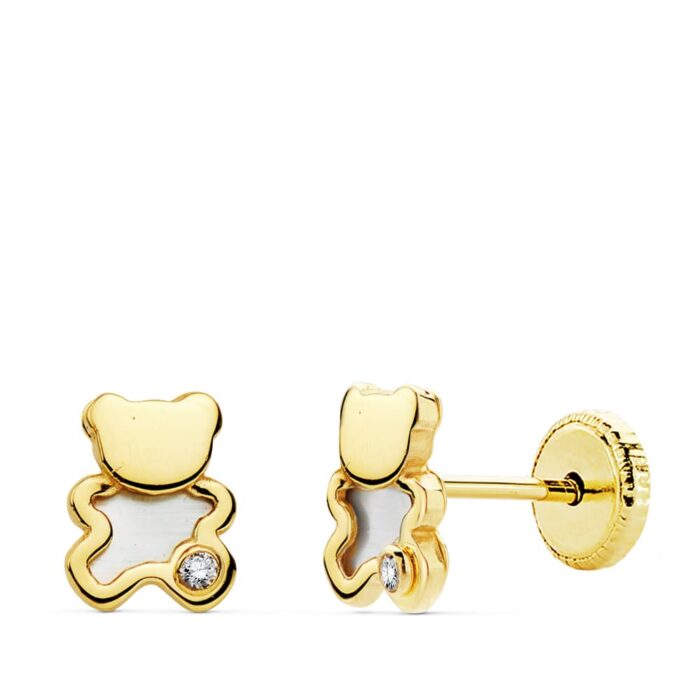18K PENDIENTES ORO AMARILLO OSO NACAR 6.5X5 MM CIERRE TUERCA