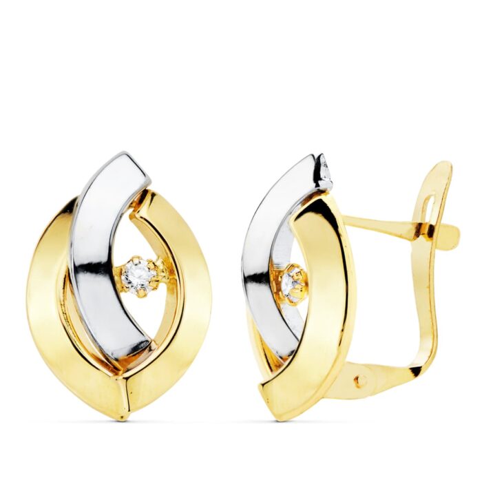 18K PENDIENTES ORO BICOLOR BANDAS Y CIRCONITA 15X10 MM CIERRE CATALAN