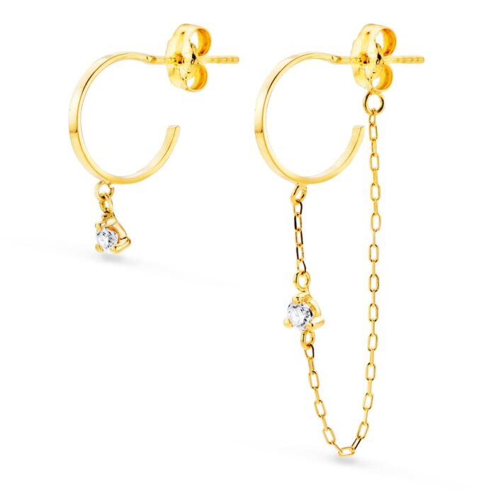 18K PENDIENTES AROS CON CADENA Y CHATON AROS ABIERTOS 11 MM CADENA 32 MM