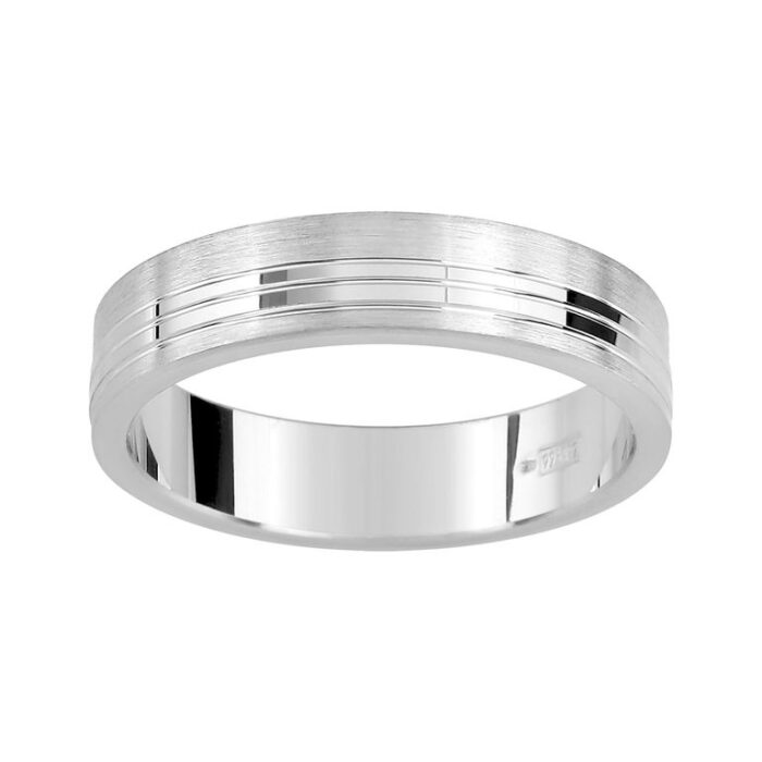 Alianza de plata 5 mm 337274 Alianza de plata de diseño plano en acabados mate satinado y brillo a bandas ranuradas. Tiene 5 milímetros de anchura.