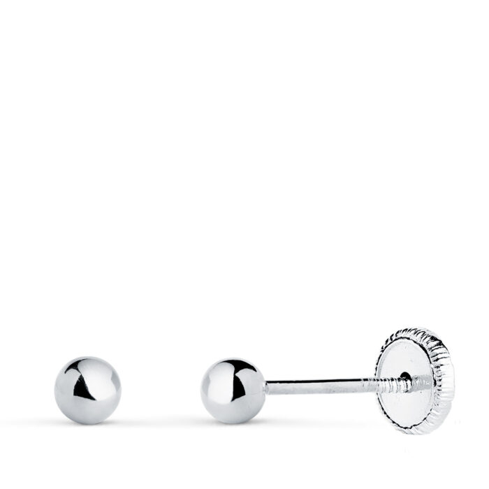 18K PENDIENTES ORO BLANCO BOLA LISA BRILLA HUECA. ANCHO: 3 MM. CIERRE TUERCA
