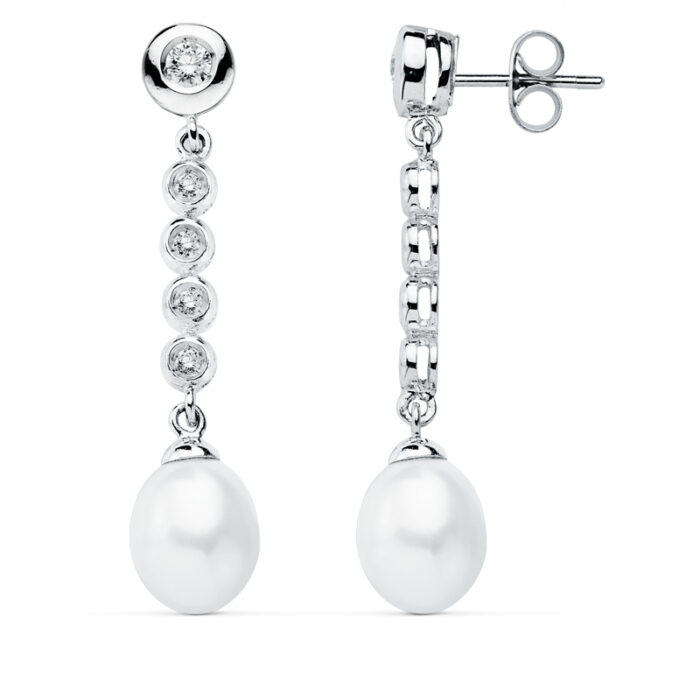 9K PENDIENTES ORO BLANCO PERLA 40X10 MM CIERRE PRESION
