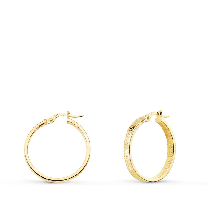 9K PENDIENTES ARO HUECOS CON GRECA 23 MM TUBO RECTANGULAR 23 MM X 4MM
