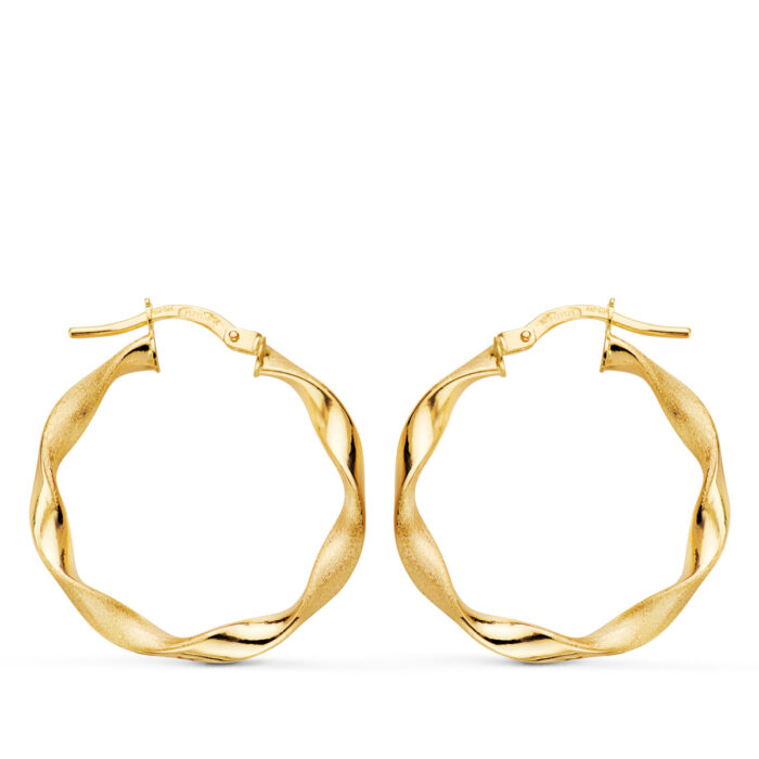 9K AROS ORO AMARILLO HUECOS RETORCIDOS MATE Y BRILLO 24X2.5 MM