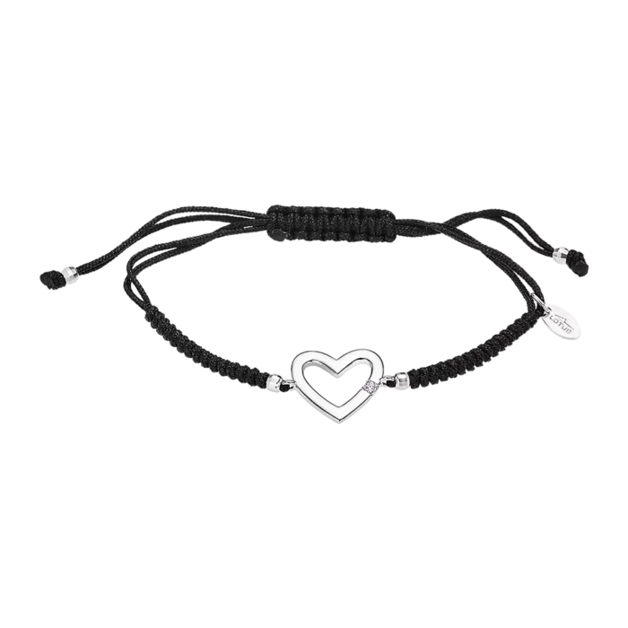 Pulsera Lotus Silver Moments de Cordón Negro con Corazón de Plata y Circonita - LP3217-2/1