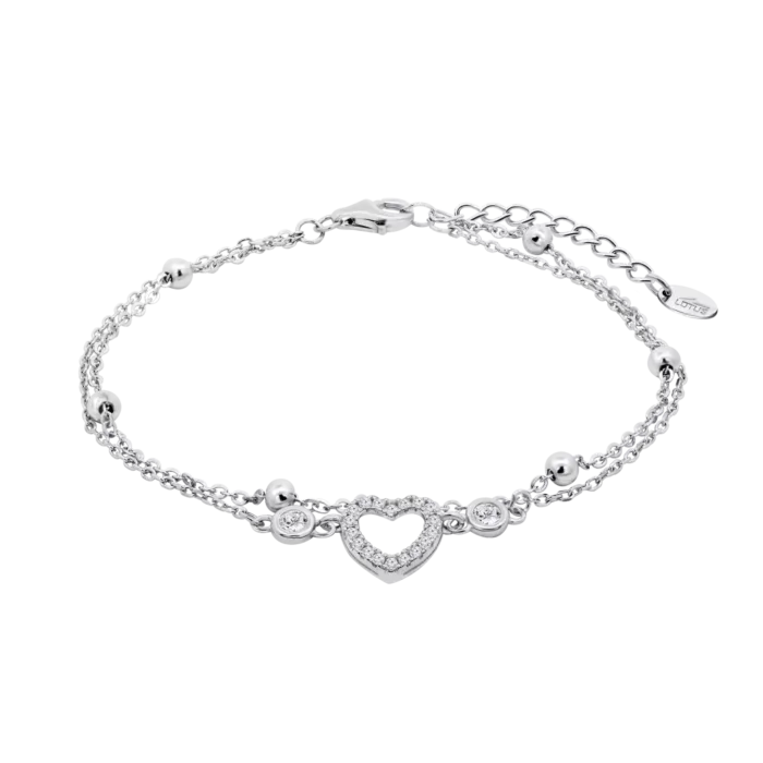 Pulsera doble cadena plata corazón circonitas Lotus Silver