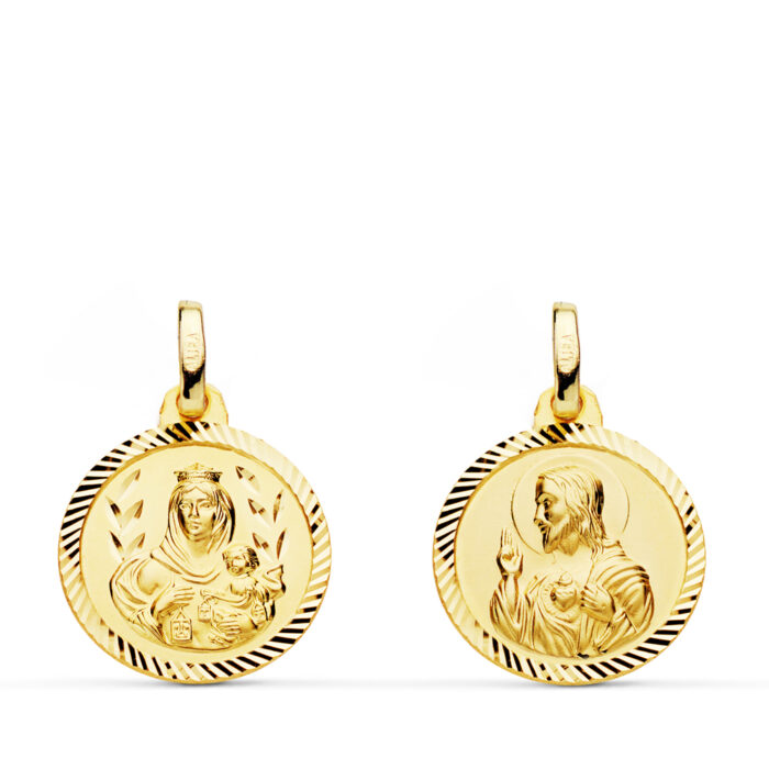 18K ESCAPULARIO ORO AMARILLO HELICE VIRGEN CARMEN Y CORAZON DE JESUS 16 MM