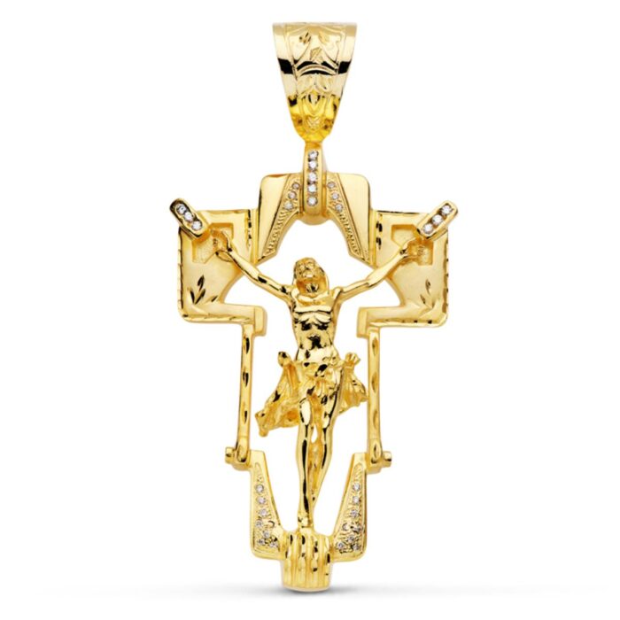 Colgante grande de Cristo crucificado en oro amarillo de 18 quilates, medidas 77 x 50 mm, con relieve detallado y reasa ancha para cadena gruesa.