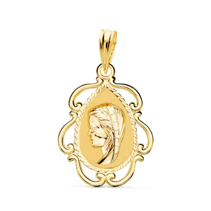 Medalla de la Virgen Niña de perfil en oro amarillo de 18 quilates con borde calado ornamental y brillo pulido, tamaño 22x16 mm.
