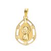 Medalla de la Virgen Niña en oro amarillo de 18 quilates con forma de gota, silueta de perfil y borde calado con acabado brillante.