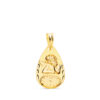 Medalla de oro amarillo 18K en forma de gota tallada con relieve de Angelito Burlón y esfera de reloj para hora de nacimiento.