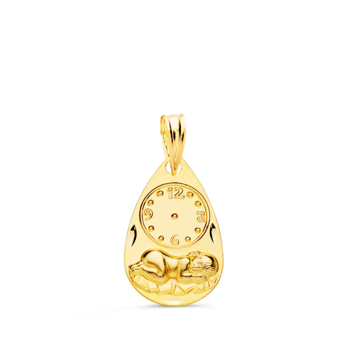 Medalla con forma de gota de oro amarillo 18k con el Niño de la Hora y borde tallado brillante 19x11 mm