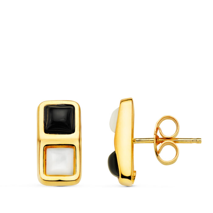 18K PENDIENTES ORO AMARILLO RECTANGULO ONIX Y NACAR 13X7 MM CIERRE PRESION