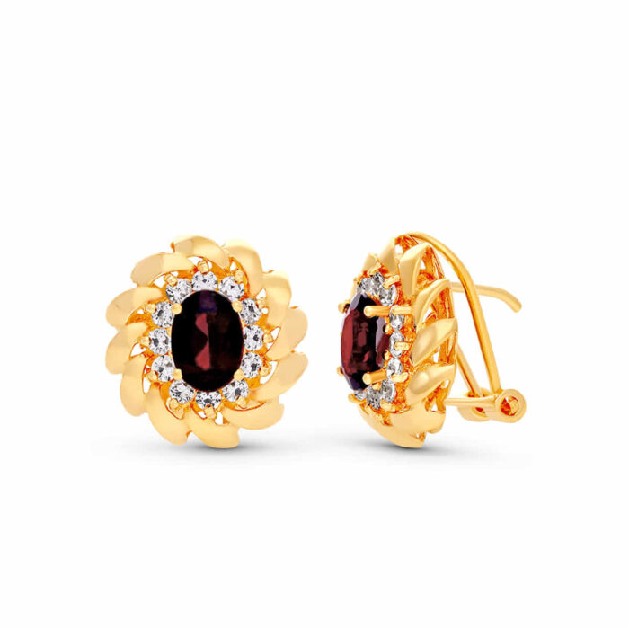 18K PENDIENTES PIEDRA GRANATE Y CIRCONITAS  15 X 14 MM