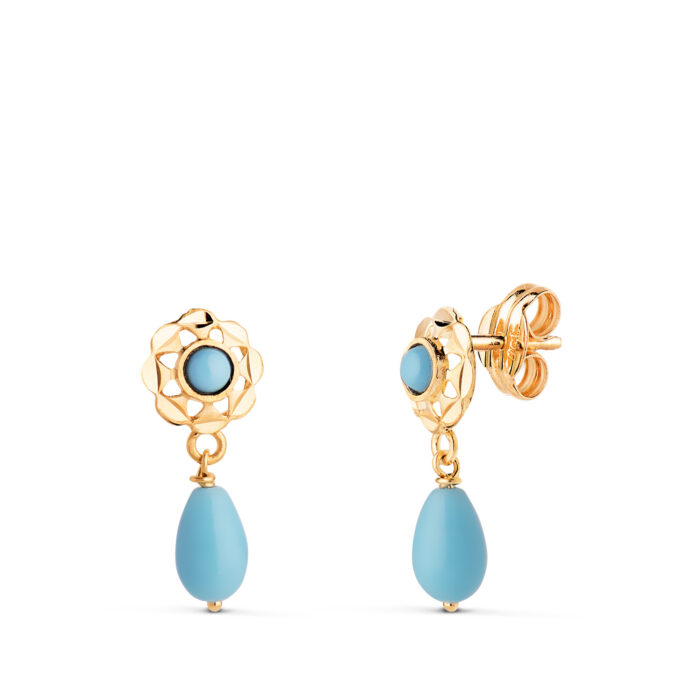 18K PENDIENTES ORO AMARILLO CUBANAS CON TURQUESA REDONDA Y LAGRIMA. 15X6 MM CIERRE PRESION