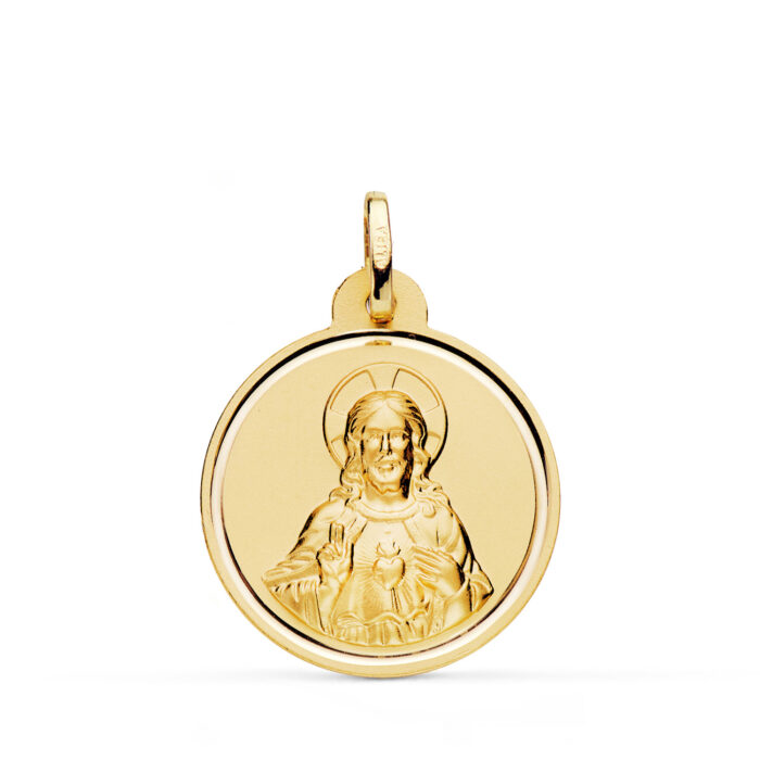 18K MEDALLA ORO AMARILLO CRISTO SAGRADO CORAZON DE JESUS BISEL 22 MM