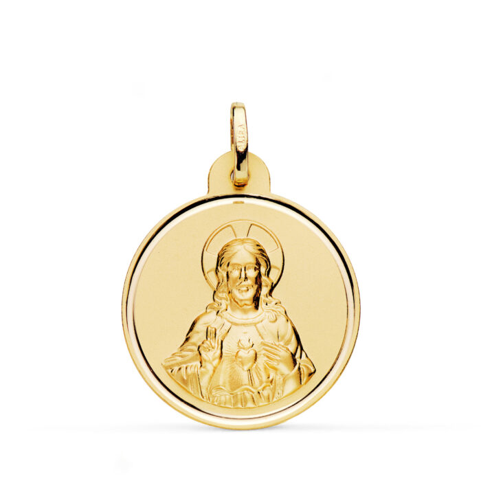 18K MEDALLA ORO AMARILLO CRISTO SAGRADO CORAZON DE JESUS BISEL 24 MM