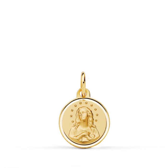 Medalla pequeña de la Virgen Inmaculada en oro amarillo de 18 quilates, 12 mm de diámetro, con borde biselado pulido y relieve central matizado.