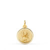 Medalla pequeña redonda de la Virgen Inmaculada Concepción en oro amarillo de 18 quilates, 14 mm de diámetro con borde biselado liso y figura central matizada.