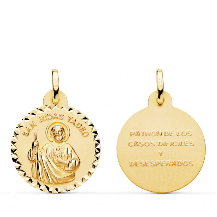 18K MEDALLA ORO AMARILLO SAN JUDAS TADEO BORDE TALLA CRUZADA. MEDIDA: 20 MM